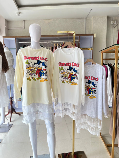 Summer Casual Printed Full Sleeves Lace Detail T-Shirts Dress